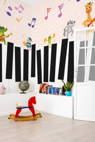 Fancy Walls eco-friendly peel and stick wall mural with funky animal band theme for nursery décor and colorful children’s rooms.