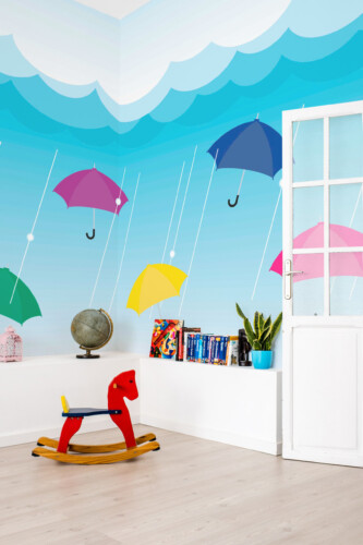 Fancy Walls traditional non-pasted eco-friendly wall mural featuring bright umbrellas and clouds in modern sky style for cheerful playrooms and classrooms.