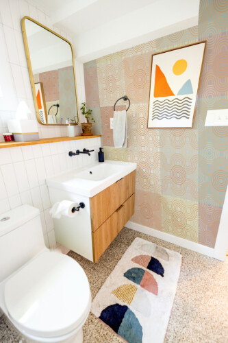 Fancy Walls peel and stick PVC-free wall mural with muted retro geometric tile pattern for vintage kitchens and mid-century interiors.