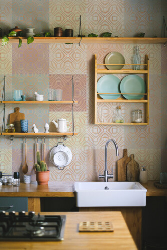 Fancy Walls eco-friendly peel and stick wall mural with soft brown retro tiles for mid-century kitchen décor and contemporary spaces.