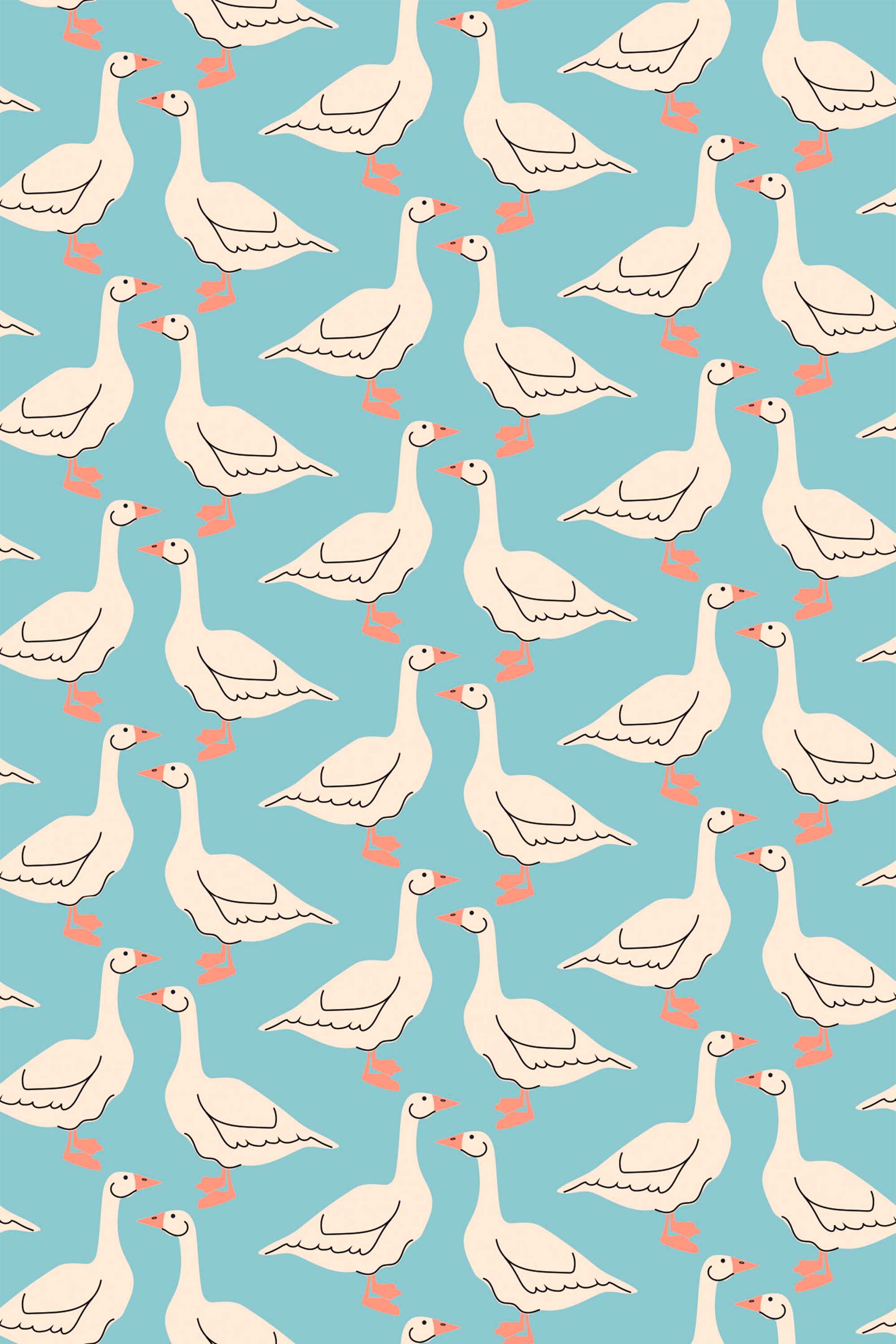Fancy Walls Aesthetic Goose peel and stick wallpaper with beige geese on dusty blue farmhouse background.