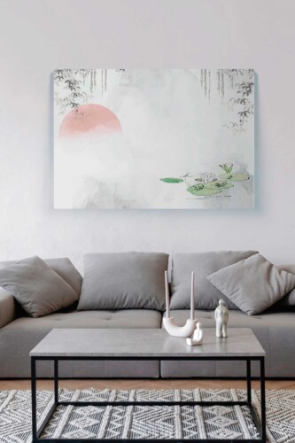 Serene Lotus Sunrise canvas print with minimalist oriental landscape design inspired by nature and calm meditation spaces