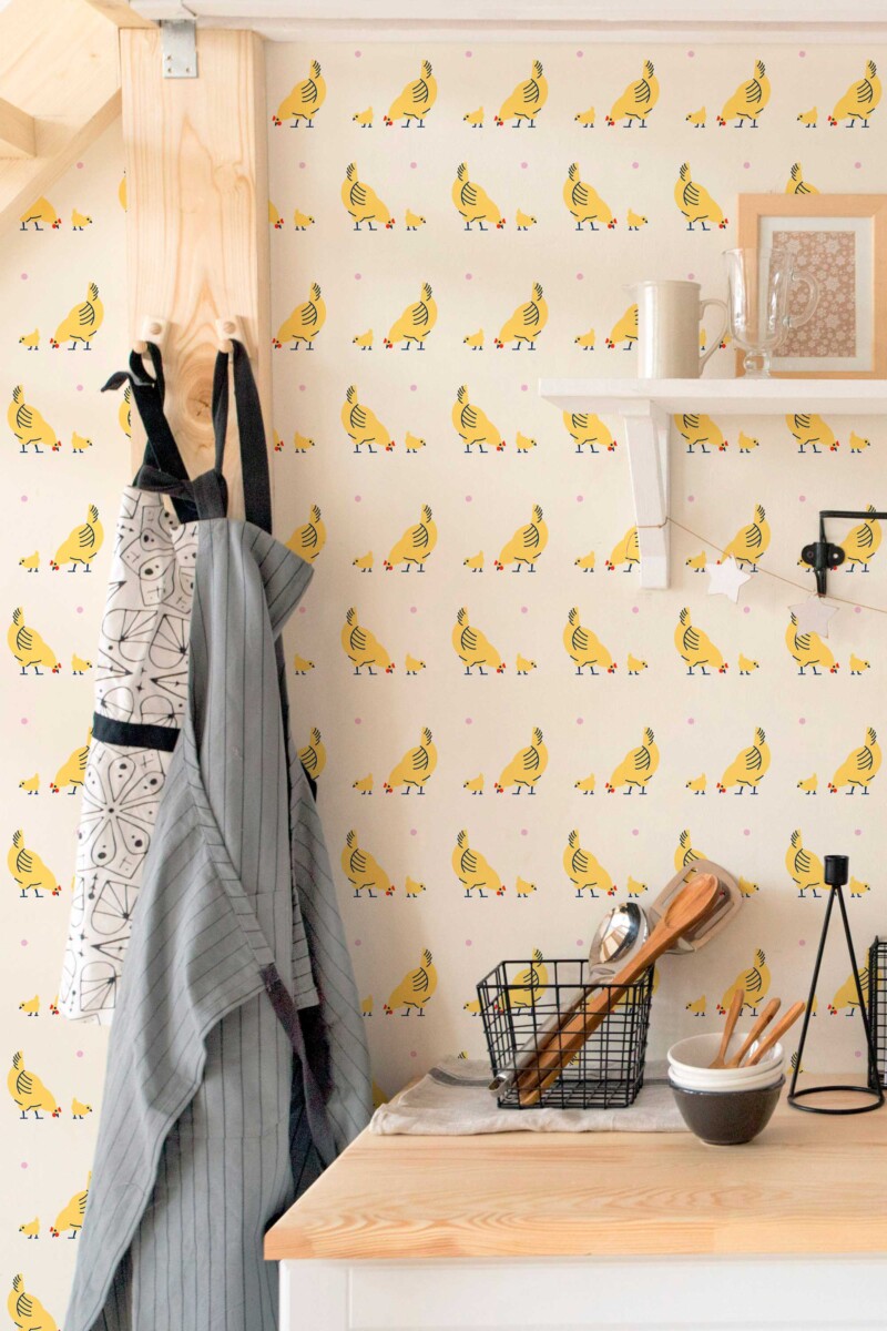 Fancy Walls removable wallpaper with happy farmhouse chicken design in warm yellow tones