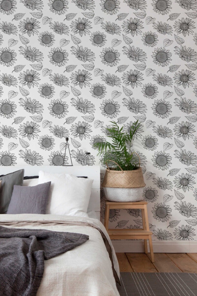 Fancy Walls removable wallpaper with botanical monochrome sunflower and leaf pattern