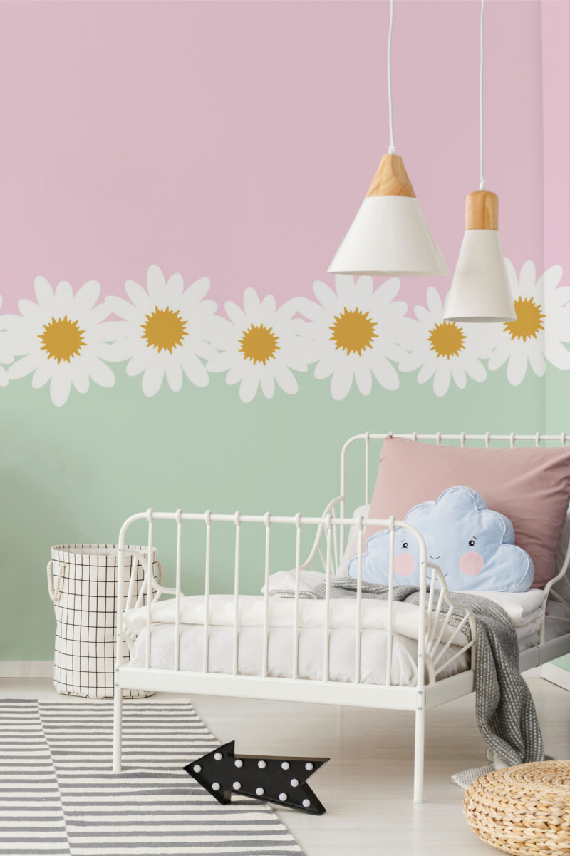 Fancy Walls eco-friendly peel and stick wall mural with pastel daisy pattern for feminine bedroom décor, nursery styling, and light contemporary spaces.