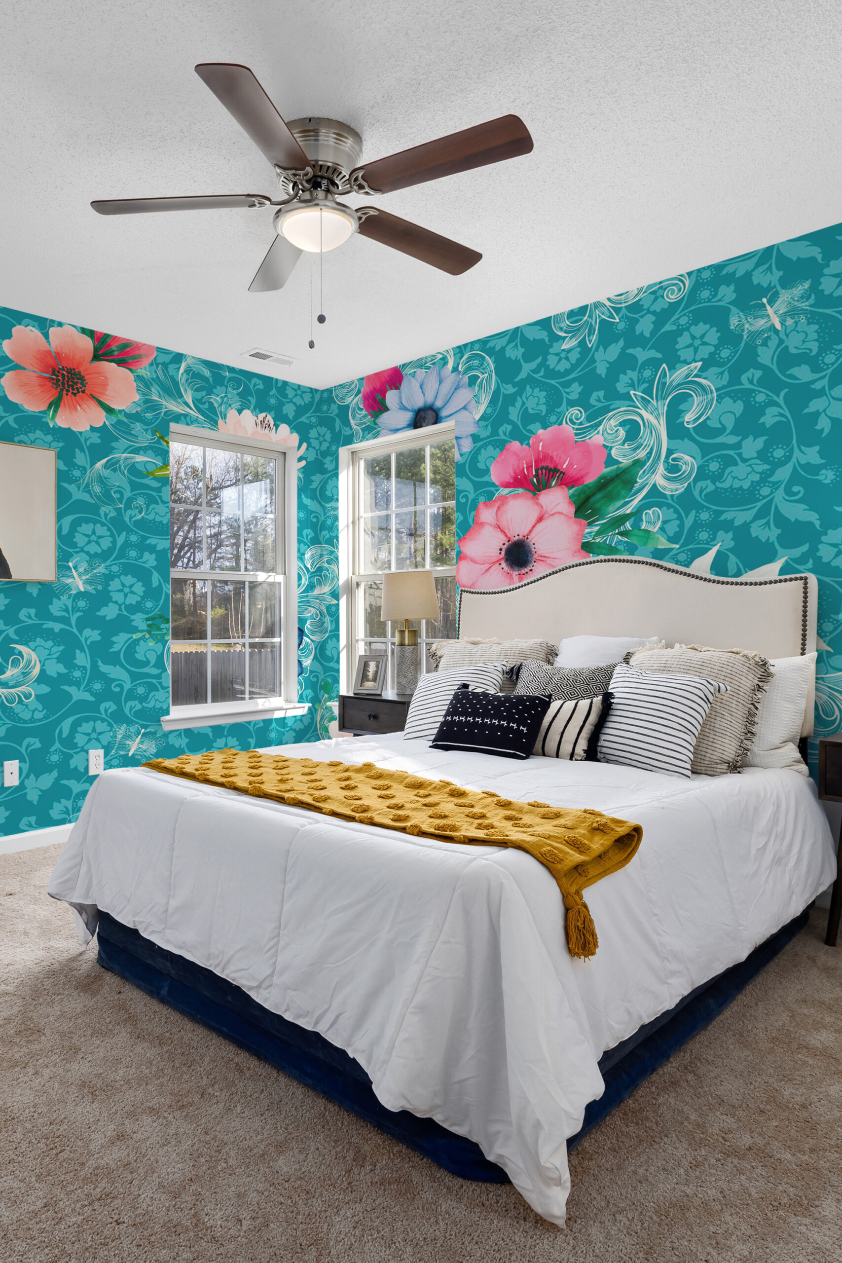 Fancy Walls peel and stick PVC-free wall mural with ornate teal baroque floral pattern for elegant living rooms and vintage-inspired interiors.