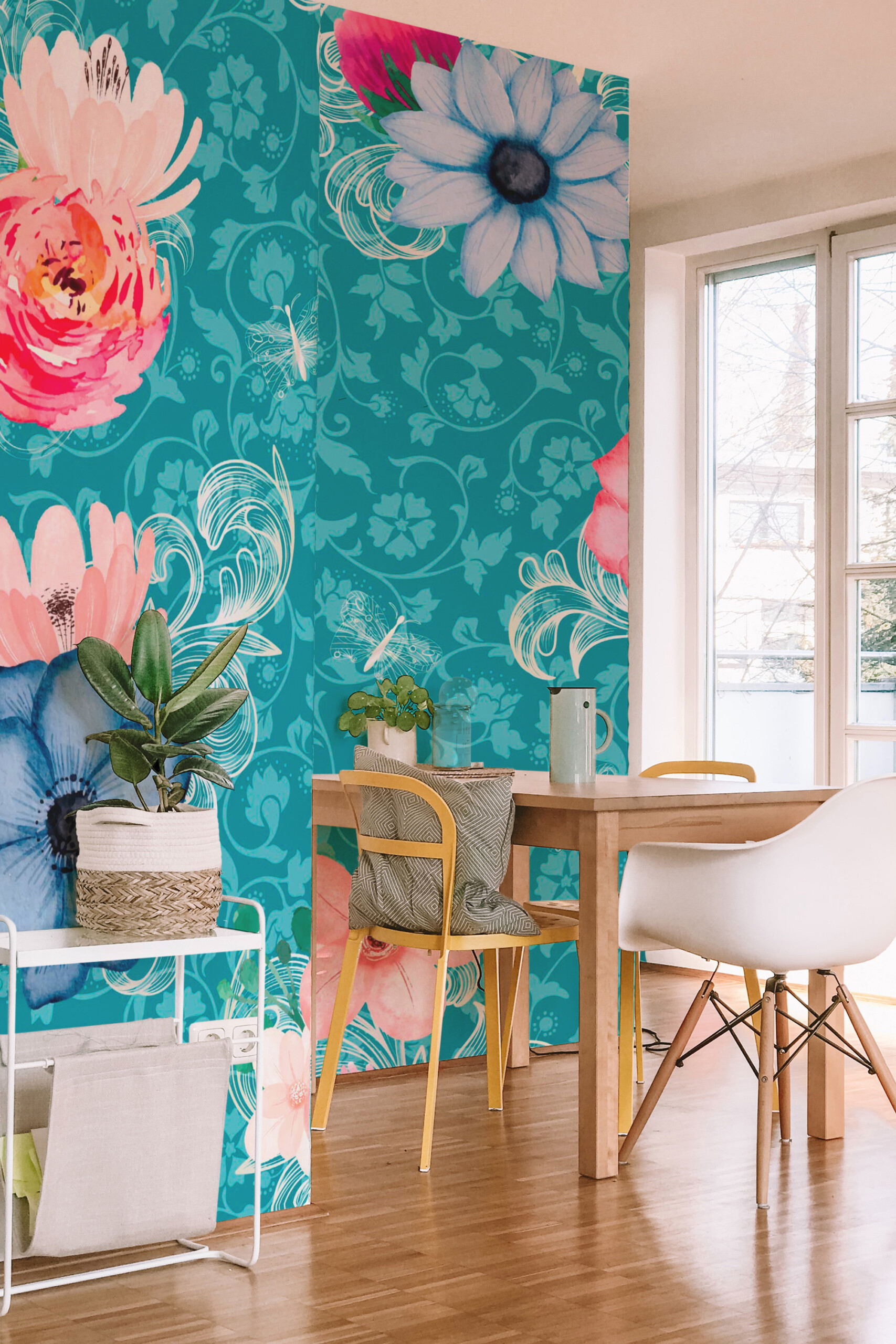 Fancy Walls traditional non-pasted eco-friendly wall mural featuring watercolor blooms and damask background for romantic bedrooms and classic décor spaces.