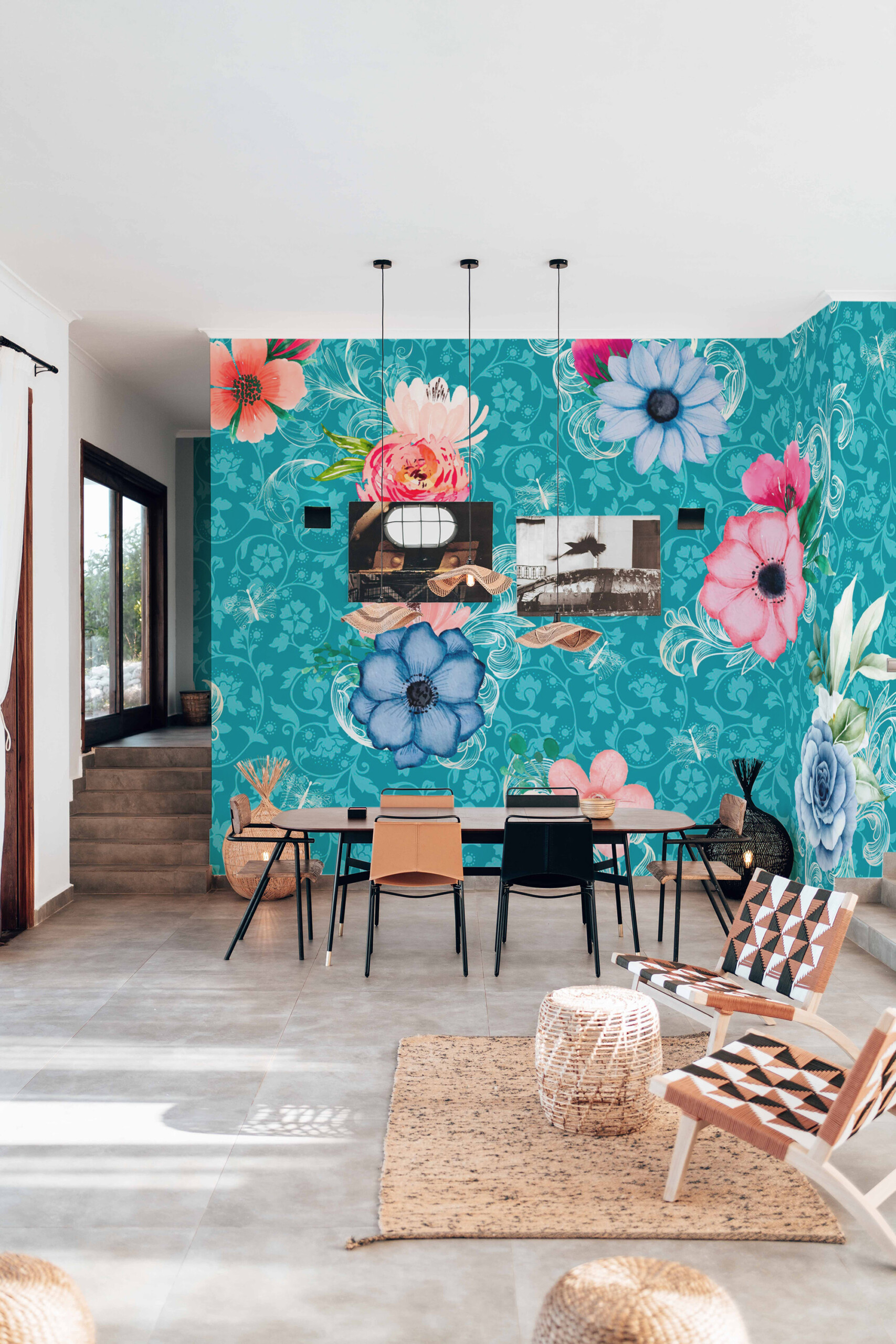 Fancy Walls removable wall mural with teal ornamental floral garden design and butterfly accents for refined vintage and eclectic interiors.