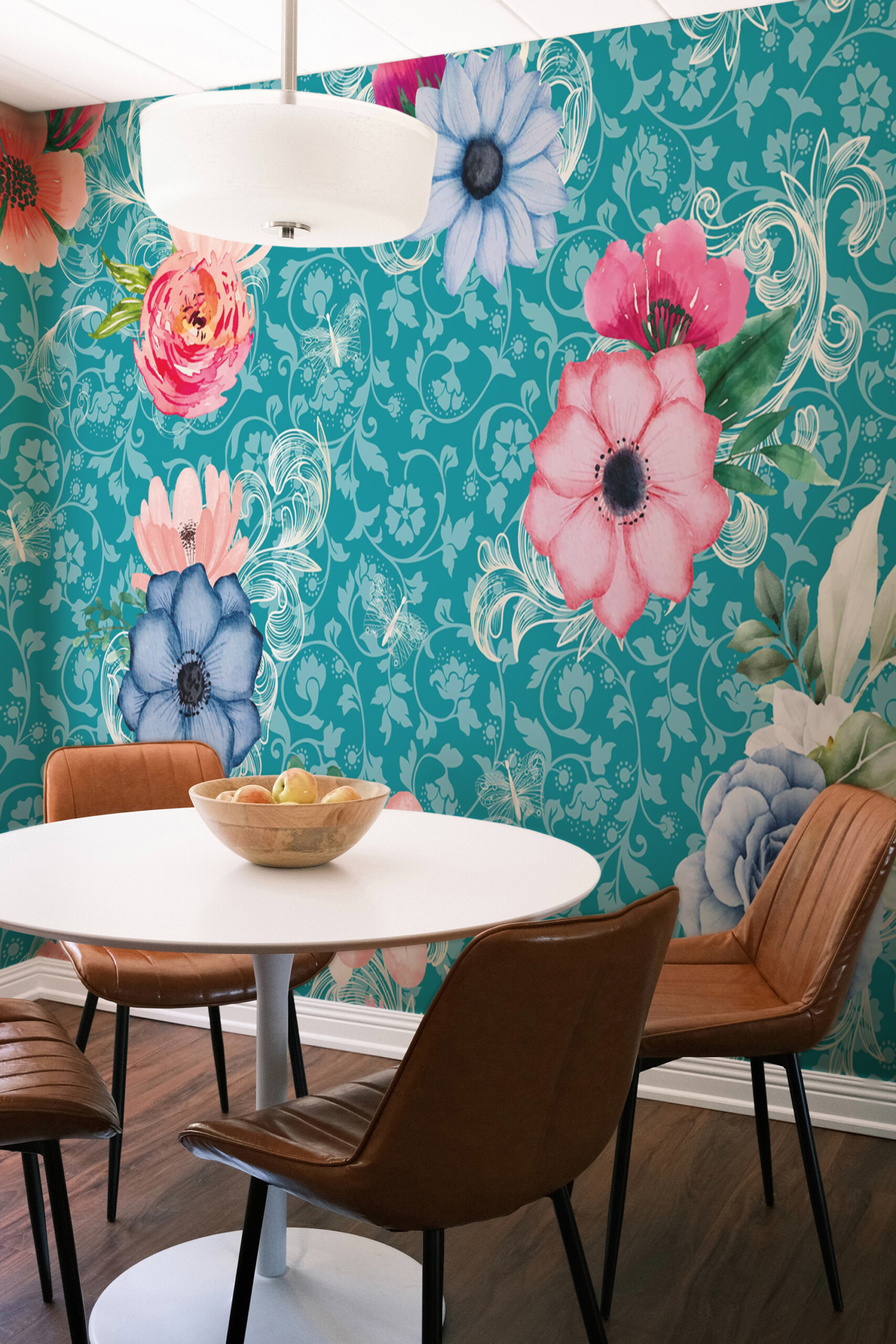 Fancy Walls eco-friendly peel and stick wall mural with decorative baroque flower pattern in teal tones for statement walls and artistic home décor.