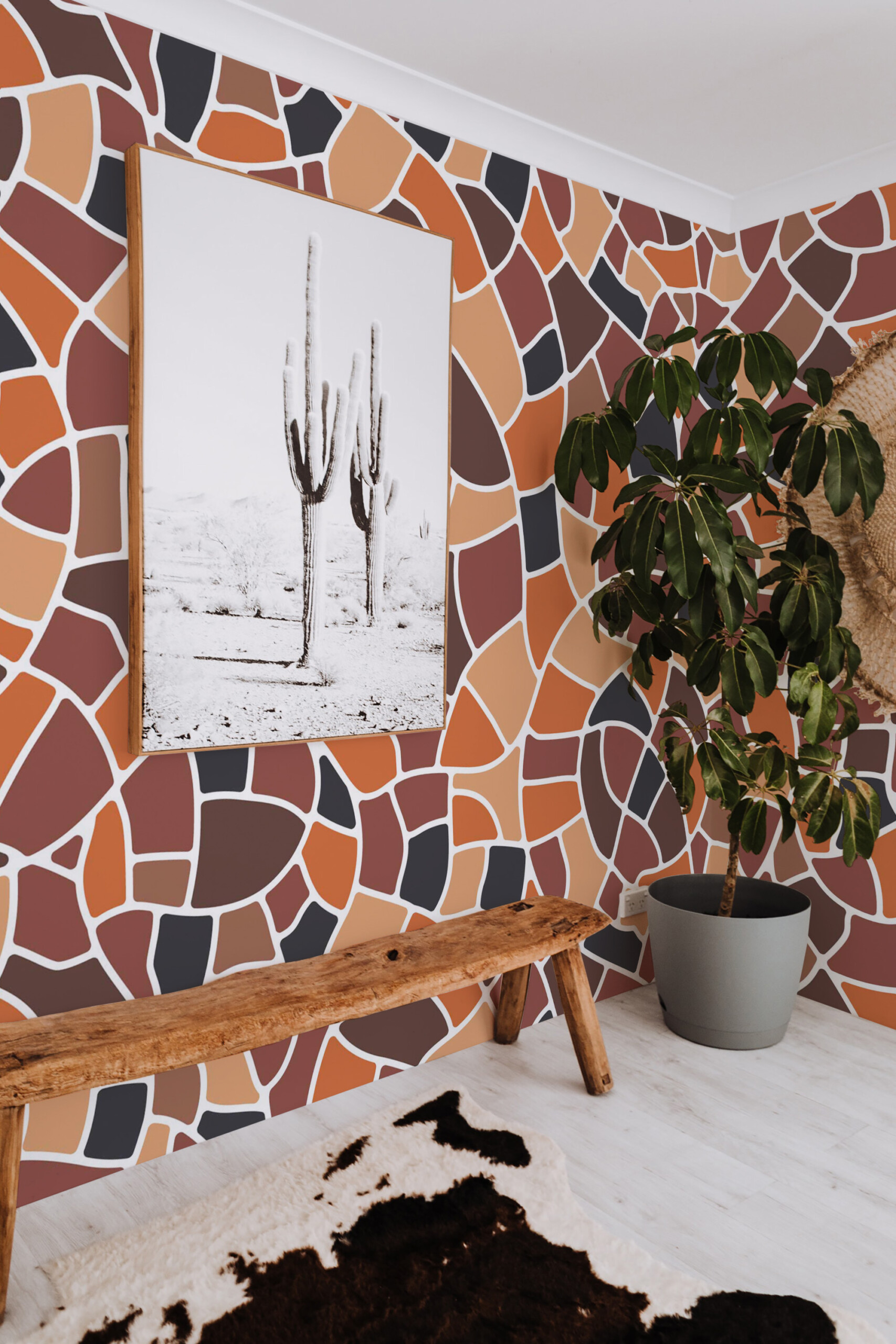 Fancy Walls terracotta mosaic peel and stick wall mural with warm earth tones