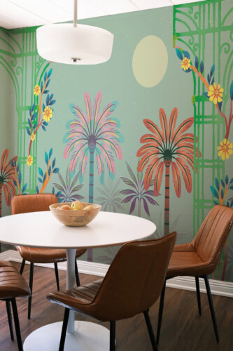 Fancy Walls eco-friendly peel and stick wall mural with vibrant botanical oasis pattern for statement walls and art deco inspired interiors.