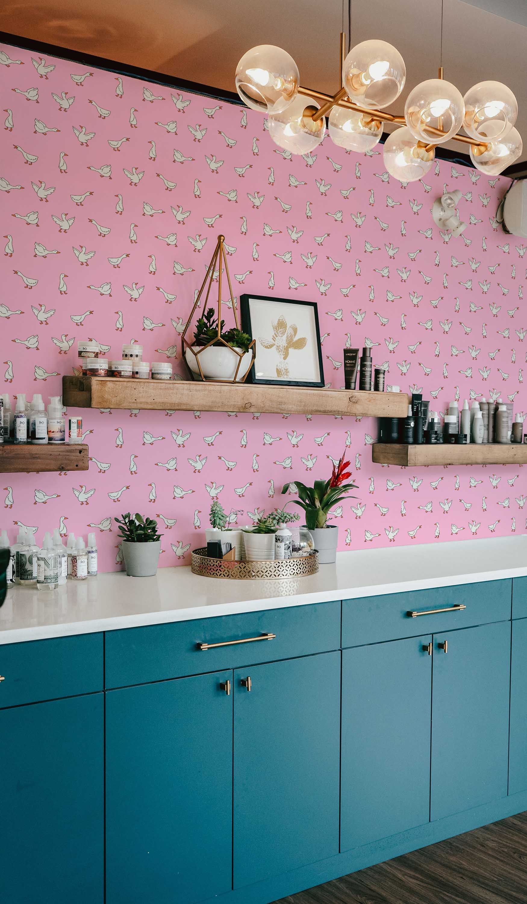 Fancy Walls removable wallpaper with bright flying geese on bold pink backdrop