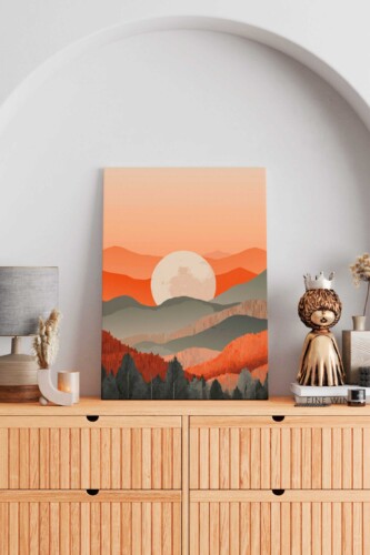 Warm Mountain Sunset canvas print with warm sunset palette and clean landscape shapes, adding balance and serenity to interior décor