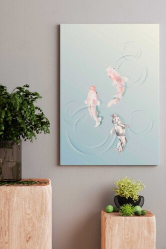 Zen Koi Fish canvas print with flowing koi fish design in muted pastel colors for tranquil living spaces