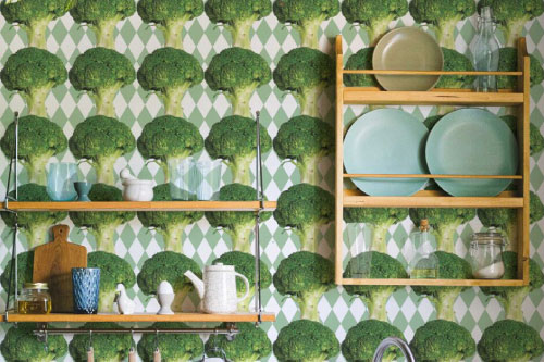 Kitchen with broccoli wallpaper