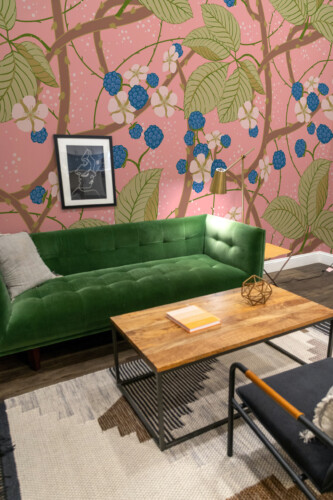 Art Nouveau Bramble Garden peel and stick wallpaper with pink background, blackberry branches and blossoms in vintage floral décor, perfect for kitchen interior, custom size available