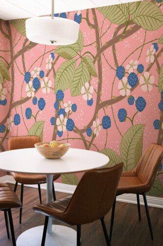 Art Nouveau Bramble Garden peel and stick wallpaper with pink background, blackberry branches and blossoms in vintage floral décor, perfect for kitchen interior, custom size available