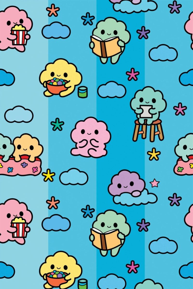 Striped blue wallpaper with cute illustrated clouds eating, reading, and resting under blankets in a pattern.