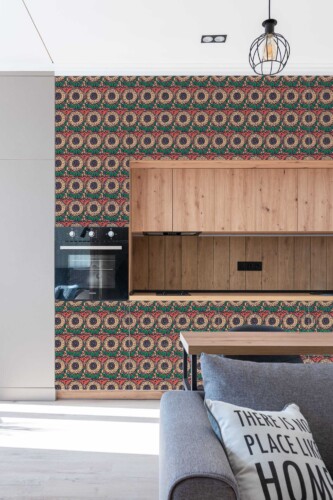 Fancy Walls self-adhesive wallpaper featuring retro sunflower print in blue and earthy tones for statement interiors