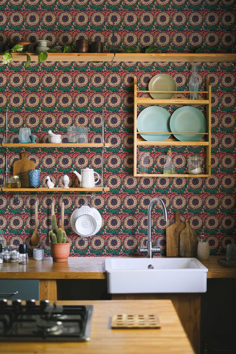 Self-adhesive wallpaper from Fancy Walls with vintage inspired blue sunflower repeat