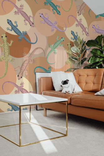 Fancy Walls Boho Lizard Party peel and stick PVC-free wall mural with colorful gecko pattern and warm boho circles for kids rooms and playful interiors.