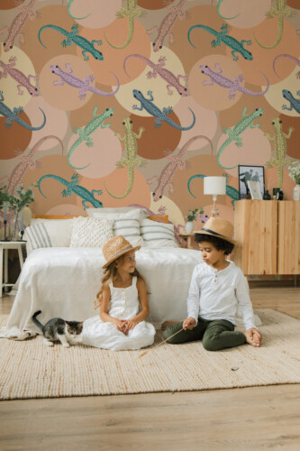 Fancy Walls Boho Lizard Party traditional non-pasted eco-friendly wall mural featuring cute geckos and desert tones for kids bedroom décor.