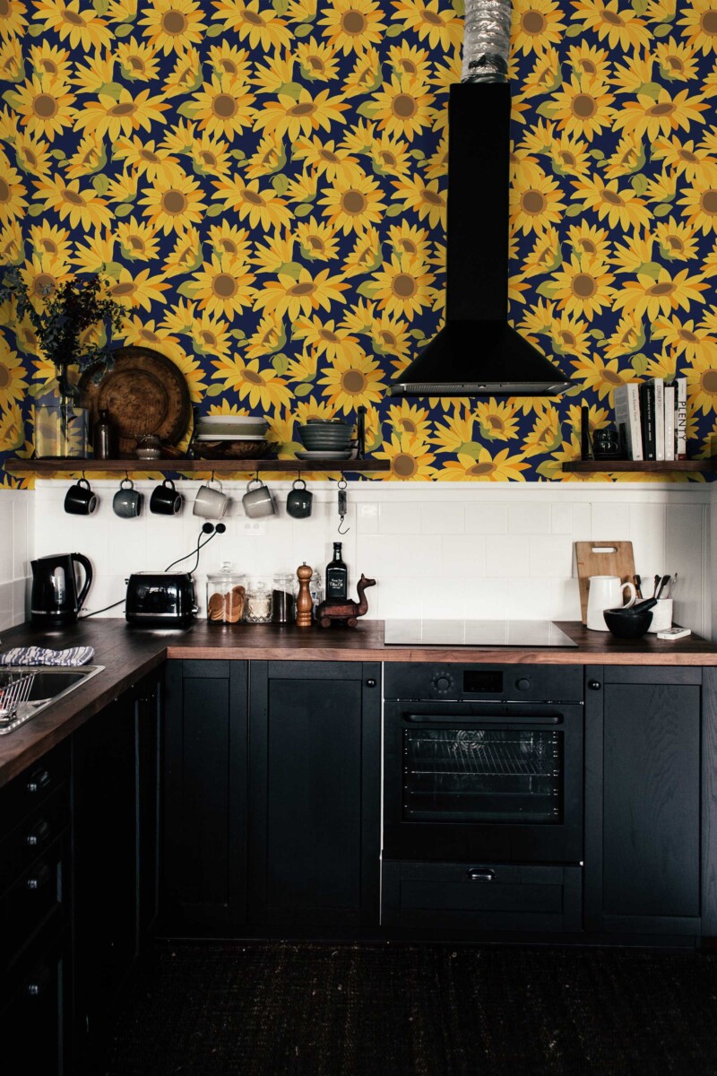 Fancy Walls wallpaper for walls with bright yellow sunflowers on midnight blue for eye catching feature walls