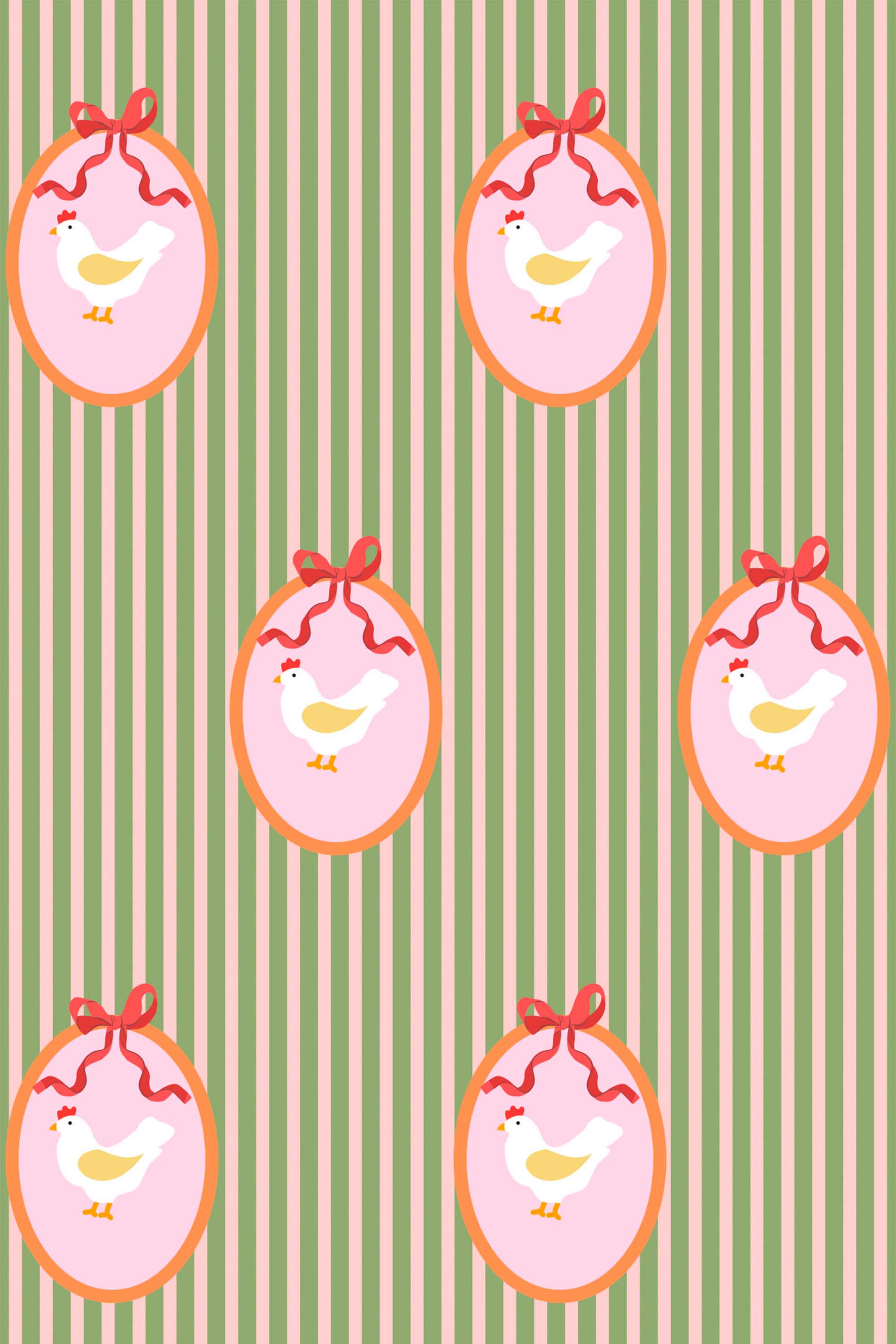 Green striped chicken pattern by Fancy Walls removable wallpaper with oval hen frames for charming farmhouse nurseries