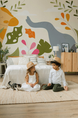 Fancy Walls traditional non-pasted eco-friendly wall mural featuring sweet safari animals with soft greenery for nurseries, playrooms, and cozy kids bedroom décor.