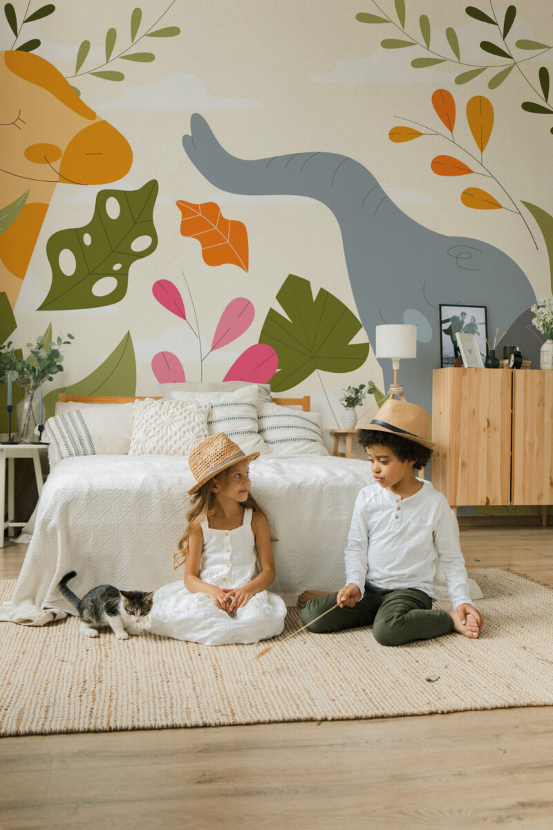 Fancy Walls traditional non-pasted eco-friendly wall mural featuring sweet safari animals with soft greenery for nurseries, playrooms, and cozy kids bedroom décor.