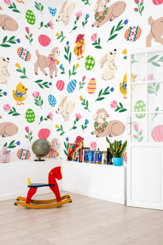 Fancy Walls Easter Garden Party eco-friendly peel and stick wall mural with cute spring animals and floral accents for playful kids rooms.
