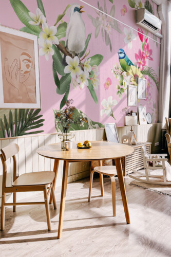 Exotic Bird Haven peel and stick wallpaper with tropical birds and blooming flowers on soft pink background, botanical décor for teen girls bedroom, available in custom sizes