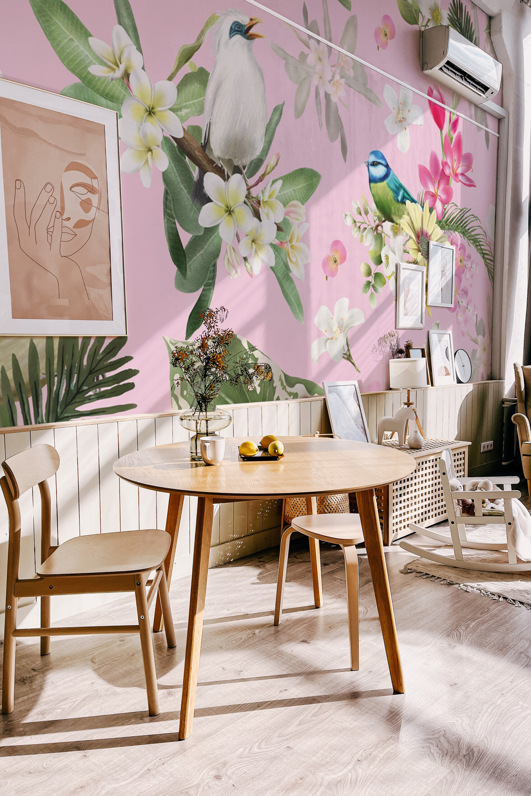 Exotic Bird Haven peel and stick wallpaper with tropical birds and blooming flowers on soft pink background, botanical décor for teen girls bedroom, available in custom sizes