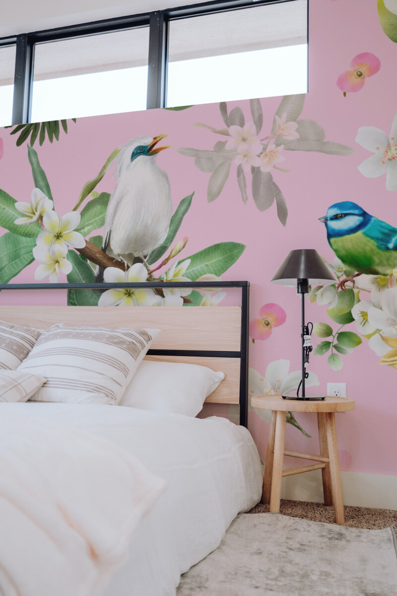 Exotic Bird Haven peel and stick wall mural with exotic birds, blossoms and lush leaves in soft pink tones for teen girls bedroom décor, available in custom sizes