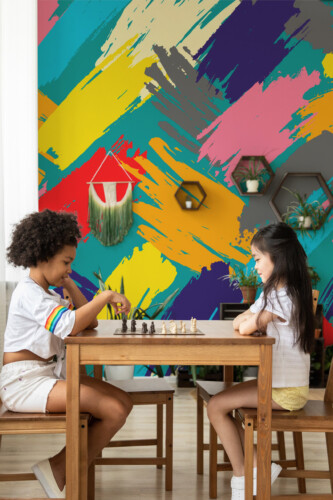 Expressive Brush Rhythm peel and stick wall mural with colorful abstract brush strokes in vibrant tones, creating energetic décor for office and home office