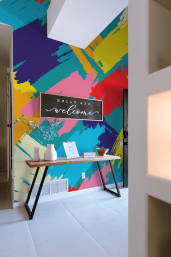 Expressive Brush Rhythm removable wall mural with dynamic colorful brush marks and abstract flow, perfect for creative office interior décor
