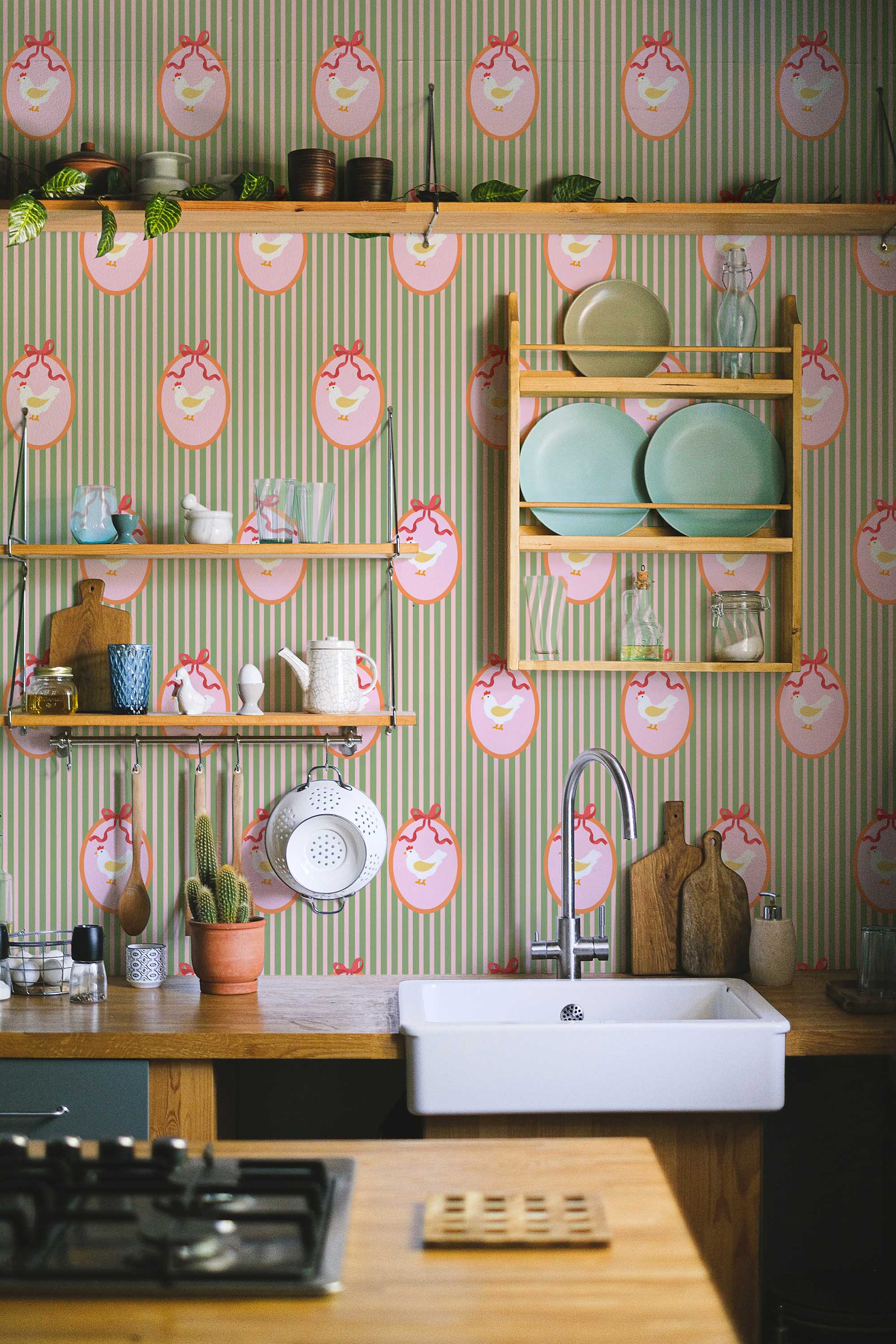 Unpasted wallpaper from Fancy Walls with country hens on soft green and blush stripes for vintage farmhouse rooms
