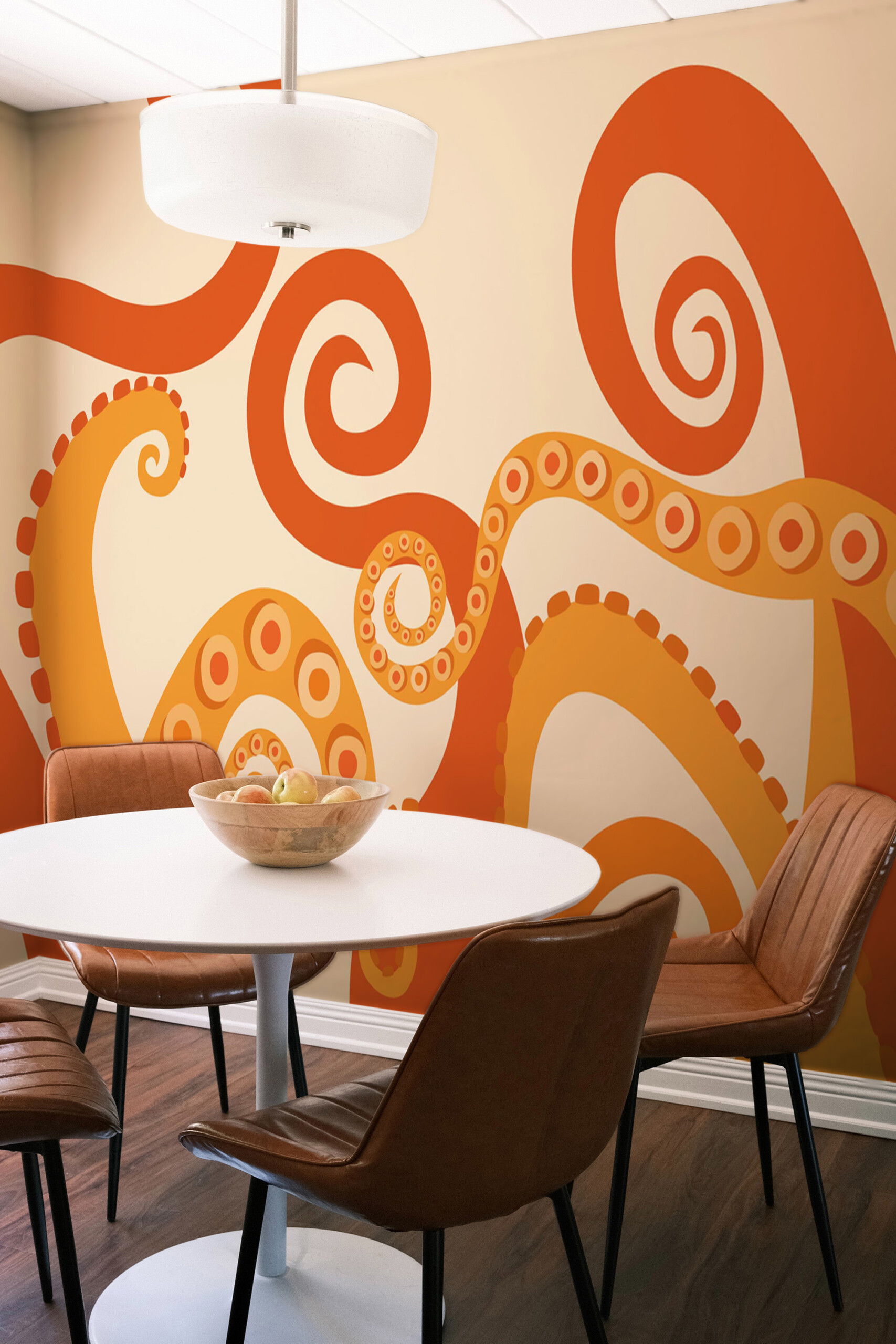 Funky Tentacle Flow peel and stick wallpaper with orange octopus tentacles in fun underwater décor style for bathroom interior, available in custom sizes