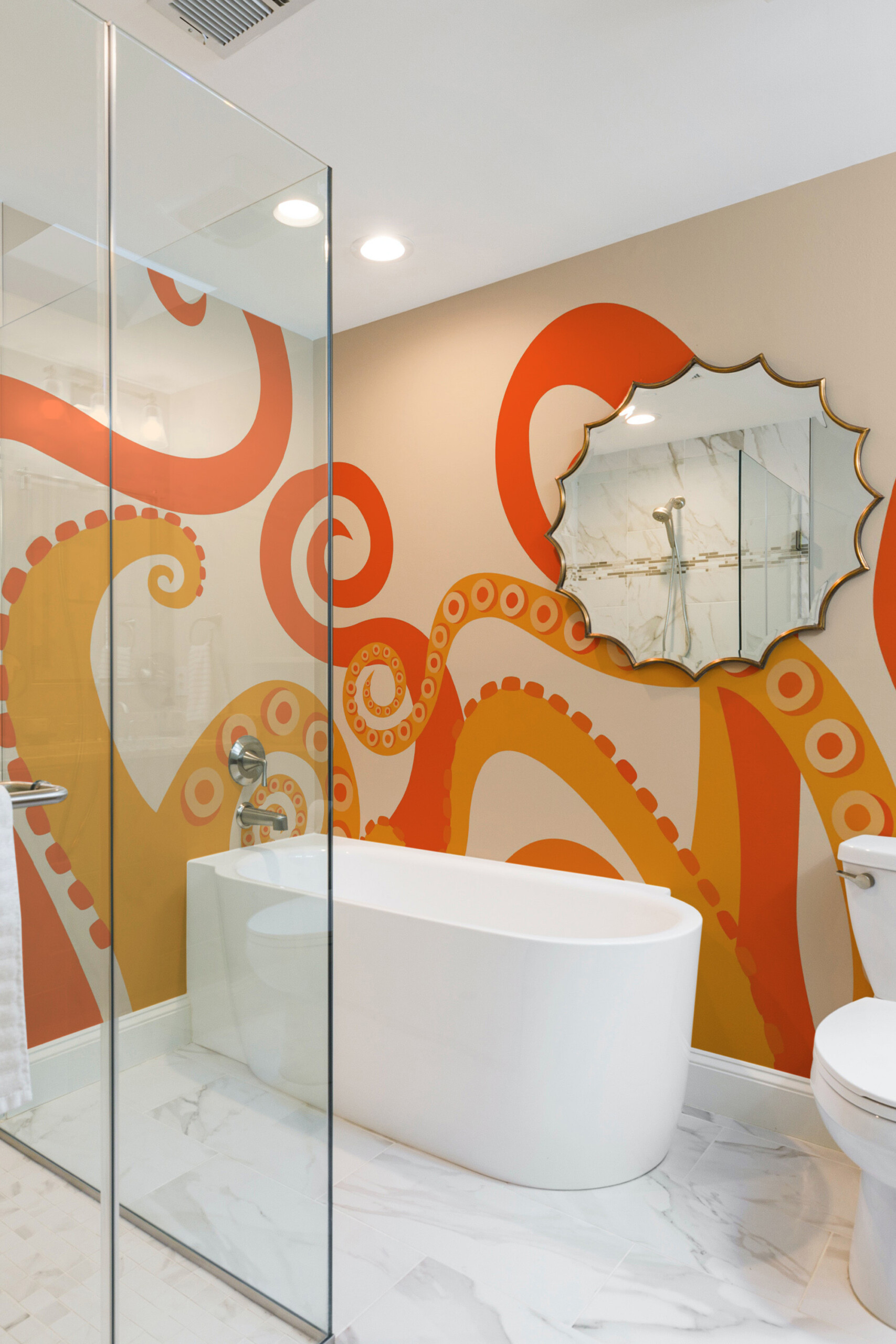 Funky Tentacle Flow traditional non-pasted wall mural with swirling tentacle shapes in bold retro orange tones for funky bathroom décor, available in custom sizes