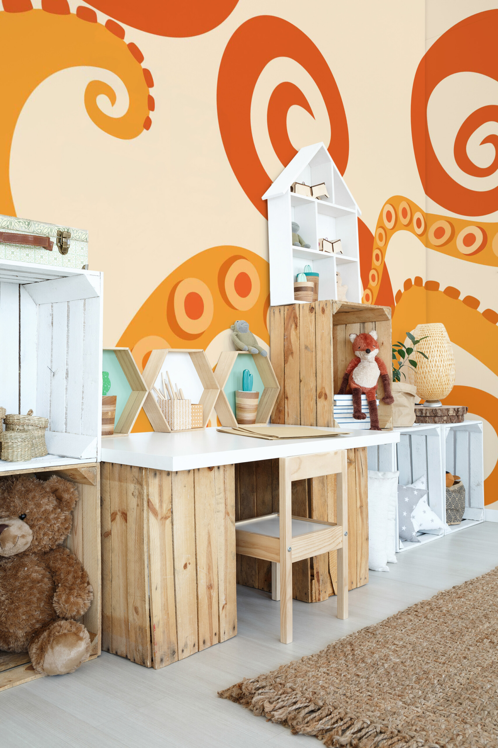 Funky Tentacle Flow peel and stick wall mural with abstract octopus tentacles and dynamic curves in playful underwater style for bathroom décor, available in custom sizes