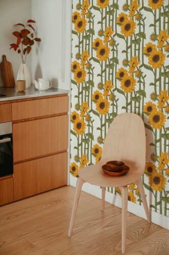 Sunflower Lines by Fancy Walls peel and stick wallpaper with tall green stems and yellow blooms for fresh botanical interiors