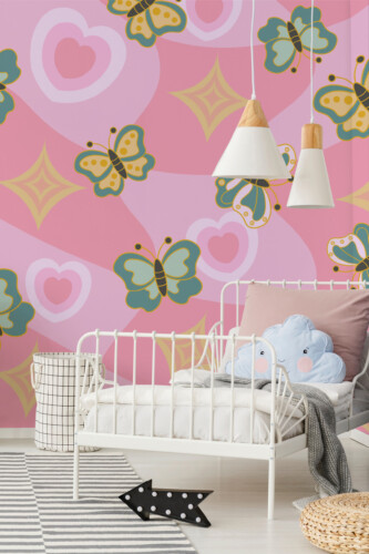 Fancy Walls Groovy Butterfly Hearts peel and stick PVC-free wall mural with retro butterflies and pink heart shapes for playful bedroom décor.
