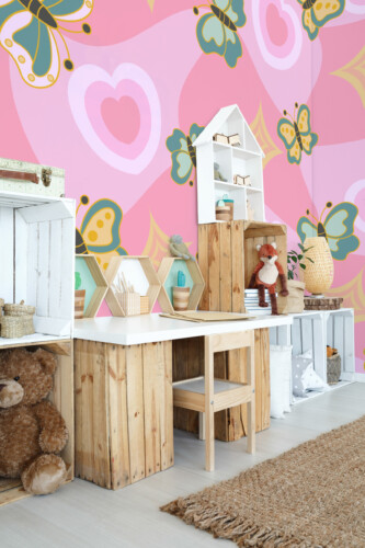 Fancy Walls Groovy Butterfly Hearts traditional non-pasted eco-friendly wall mural featuring colorful butterflies and groovy heart pattern for modern interiors.