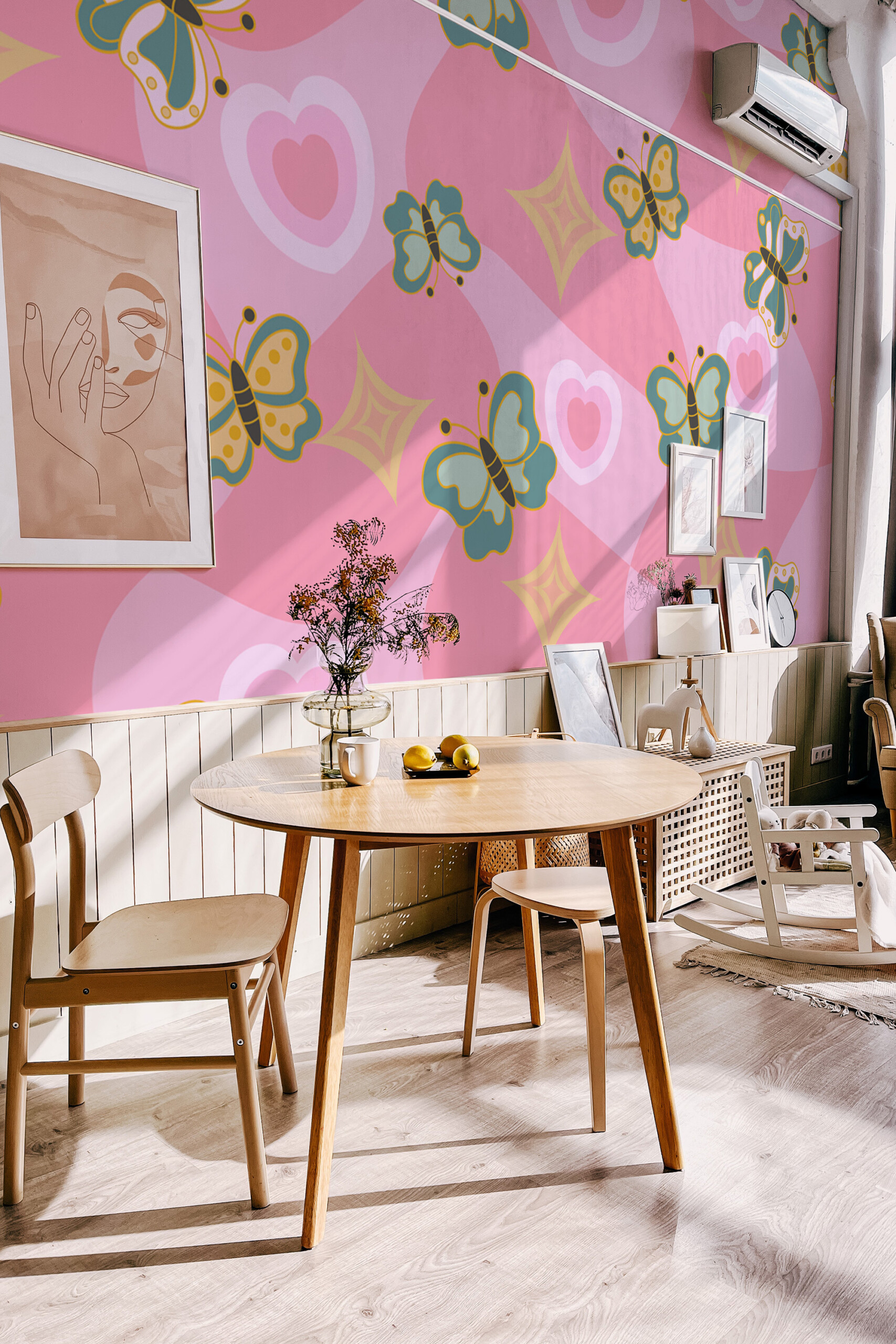 Fancy Walls Groovy Butterfly Hearts eco-friendly peel and stick wall mural with funky butterfly pattern and layered hearts for stylish interiors.