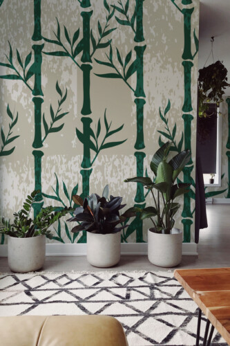 Fancy Walls Grunge Bamboo removable wall mural with bamboo forest illustration and texture imitation background for natural interior décor.