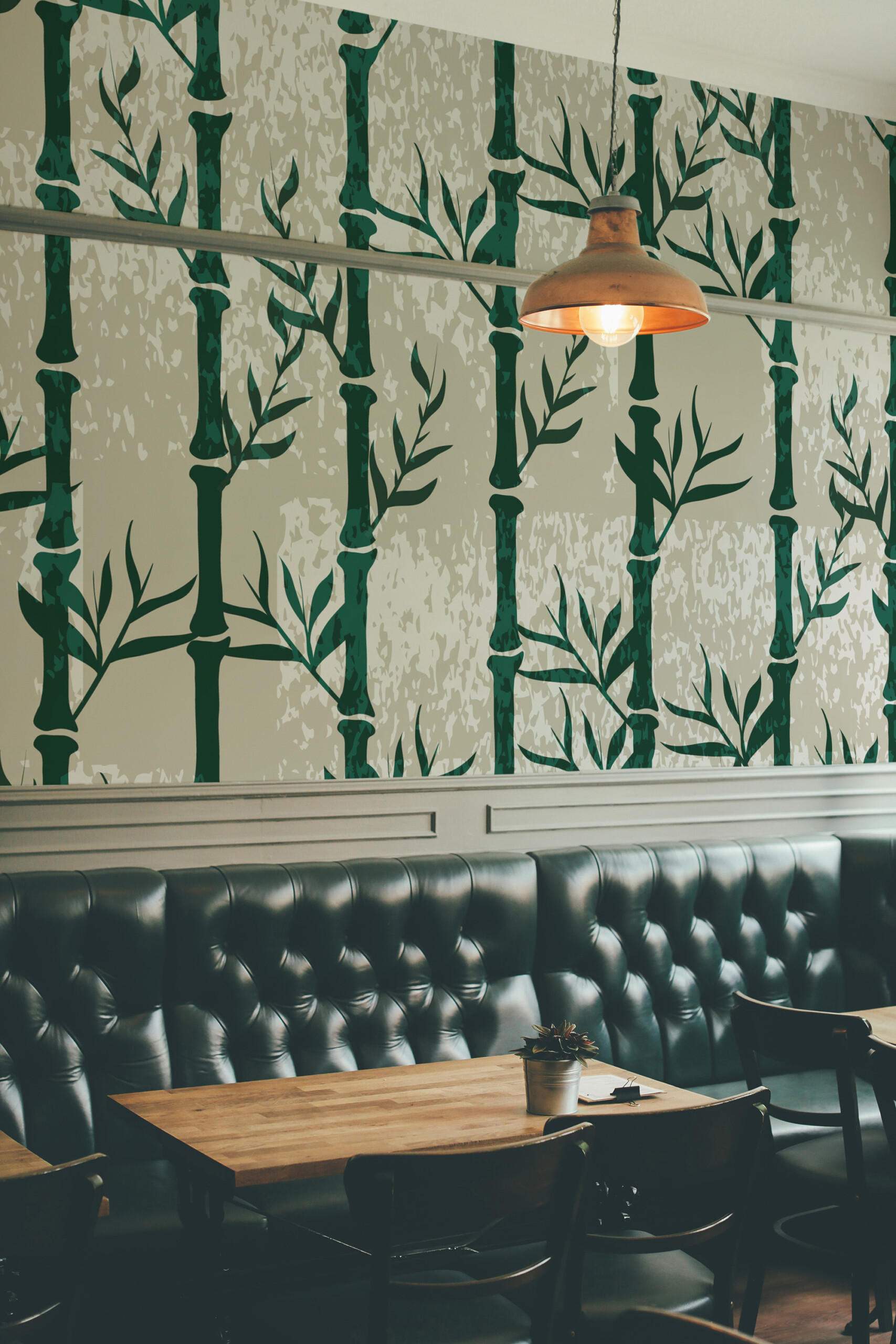 Fancy Walls Grunge Bamboo eco-friendly peel and stick wall mural with bamboo stems and leafy branches for modern botanical interiors.