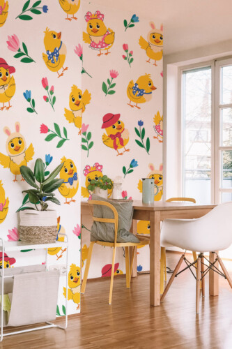 Fancy Walls Happy Easter Chicks peel and stick PVC-free wall mural with cute baby chicks, bunny ears, and spring flowers for nursery and kids room décor.