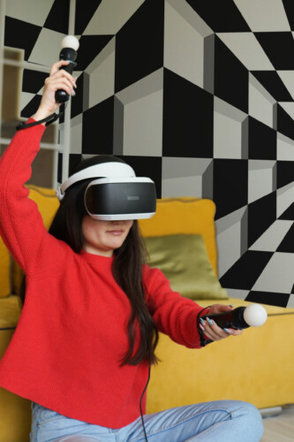 Infinite Checkered Depth peel and stick wallpaper with black and white geometric cube illusion and checkered tunnel, creating bold modern décor for teens room, custom size available