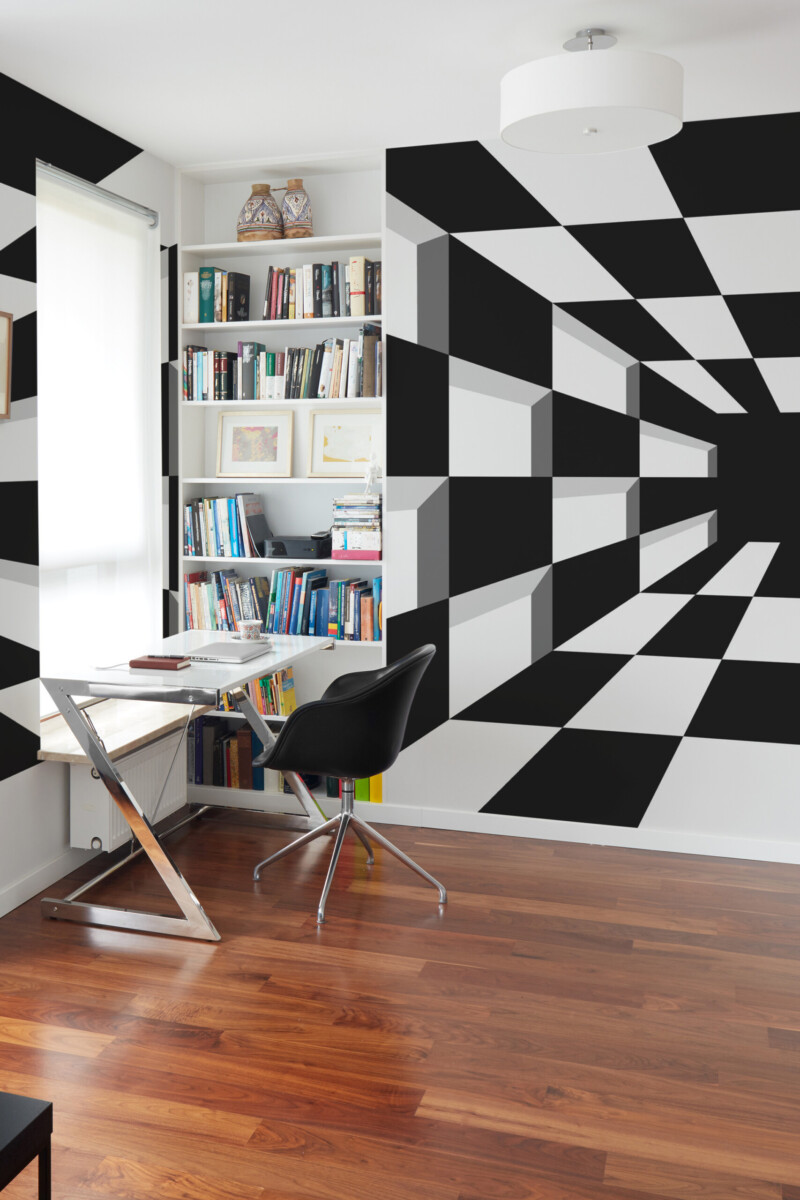 3D Checkered Illusion traditional non-pasted wall mural featuring monochrome cube depth and optical tunnel design, perfect for game room décor, available in custom sizes