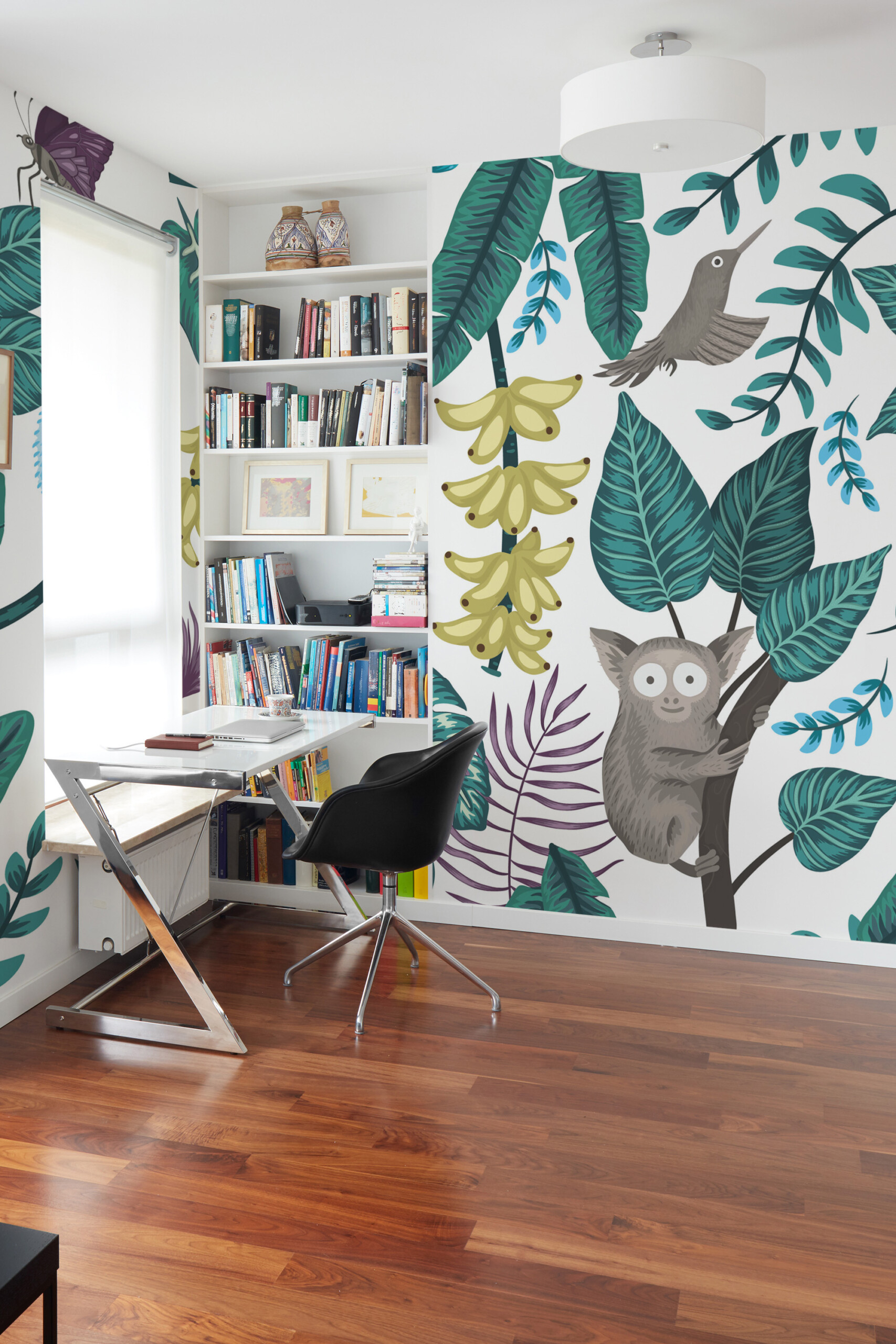 Fancy Walls Jungle Wildlife traditional non-pasted eco-friendly wall mural featuring playful jungle animals and exotic botanical leaves for kids interiors.